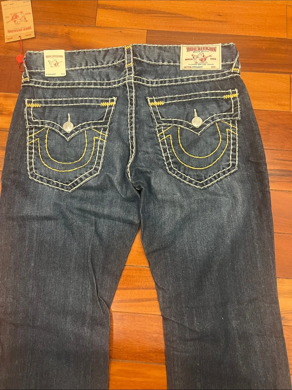 True Religion Ricky Straight Leg Dark Blue Denim Jeans with Contrast Stitching